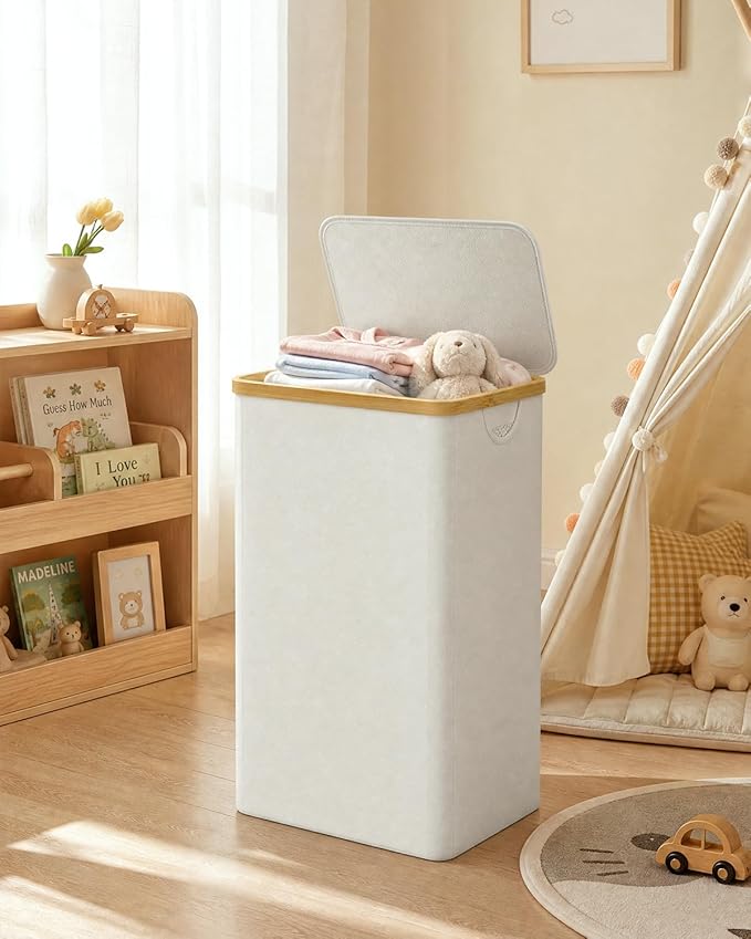 iEGrow Laundry Basket with Lid, 110L Large Laundry Hamper with Handle and Lid, Collapsible Clothes Basket Organizer with Removable Inner Bag for Clothes Toys Towels - Beige