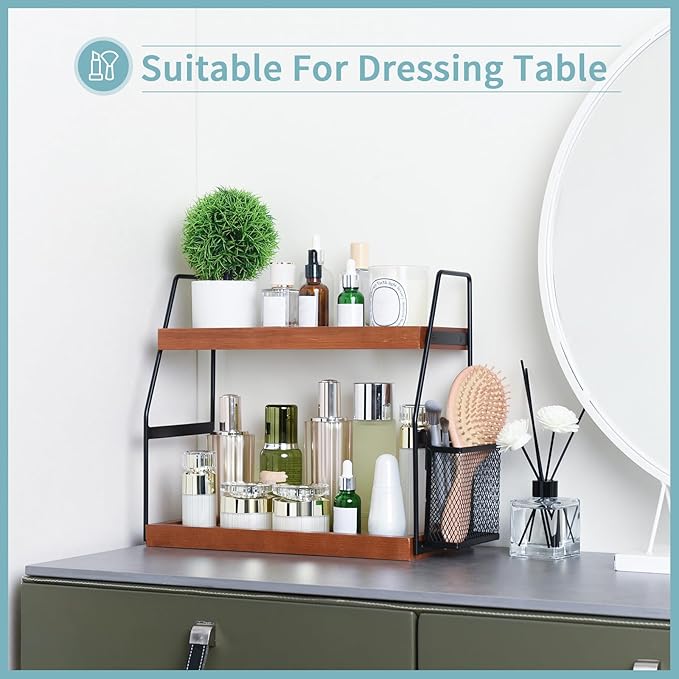 Bathroom Counter Organizer, 2-Tier Standing Storage Shelf with Basket, Wood Tray for Skincare Vanity Organizer(Brownish)