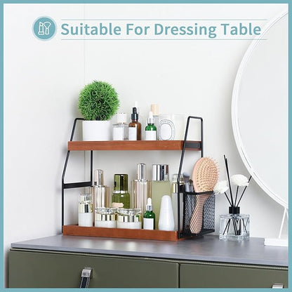 Bathroom Counter Organizer, 2-Tier Standing Storage Shelf with Basket, Wood Tray for Skincare Vanity Organizer(Brownish)