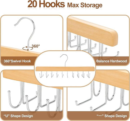 TOPIA HANGER 2 Pack 2 in 1 Belt Tie Hanger for Closet Max 60 Belts with 60 Ties Capacity, 20 Hooks Belt Tie Racks Wooden Hanger for Closet Organizer Space Saving “U” Fit Belt and “一” Fit Tie - CT59N