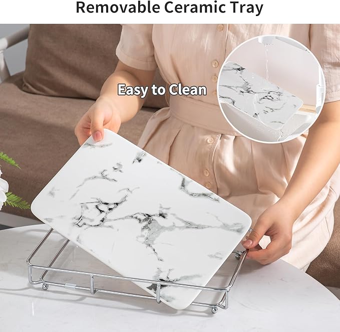 Dobbyby Vanity Tray Makeup Organizer Cosmetics Storage Bathroom Skincare Organizer Countertop Display Rack in Dresser Stainless Steel Shelf Marble Print Ceramic Trays