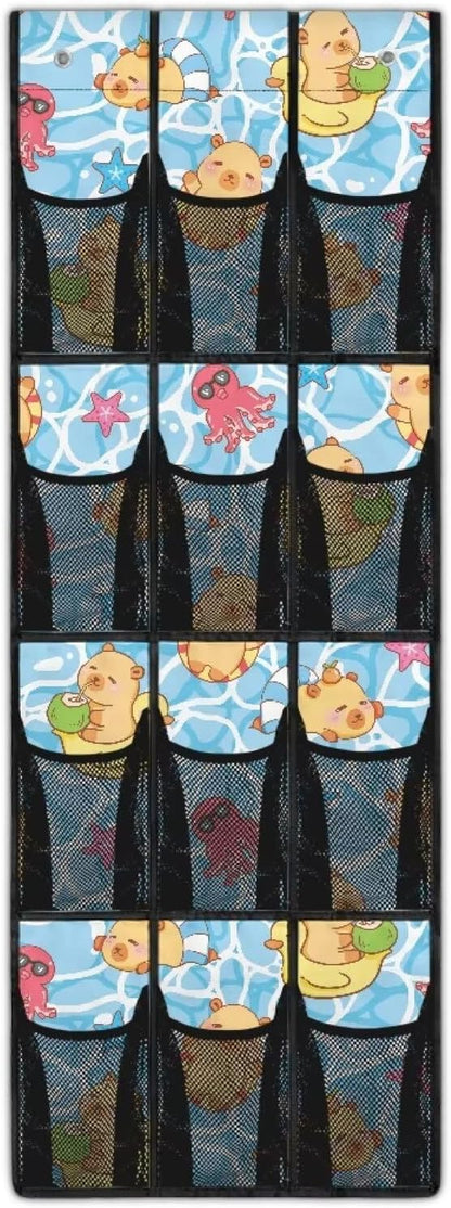 Summer Capibala Behind The Door Organizer 12 Pockets Shoe Holder Hanger for Living Room Cookie Over The Door Shoe Organizer Bathroom Pink Wall Hanging Storage for Closet