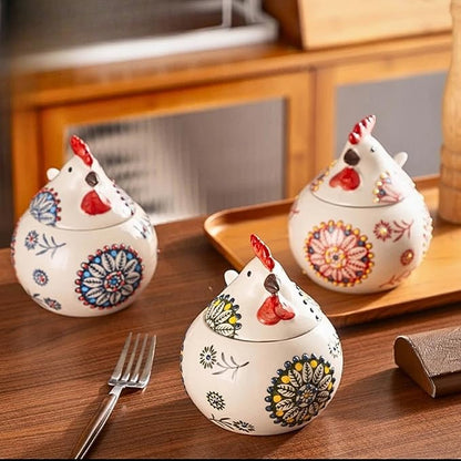 13.5 Oz Salt Cellar With Lid and Spoon (Green)- Ceramic Chicken Spice Jars for Salt, Sugar, Pepper - Spice Containers for Countertop