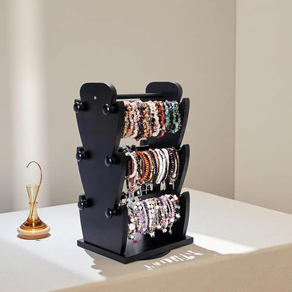 Two-Sided Rotating Wooden Jewelry Bracelet Holder Stand – 3-Tier Display with 6 Removable Bars for Bracelets, Bangles, Watches & Accessories – Black Wooden Organizer for Home or Retail Showcase