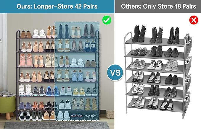 KIMBORA 6 Tier Long Shoe Rack for Closet, Wide Closet Shoe Organizer Storage Sturdy Sneaker Shelf for Floor, Bedroom 42 Pairs (Bronze)