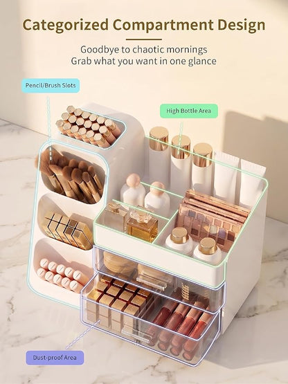 Booklov Makeup Organizer for Vanity, Large Capacity Cosmetic Display Case with Clear Acrylic Drawer, Countertop Beauty Storage Holder for Skincare, Brush Eyeshadow Lipstick Counter Desk, Crystal White