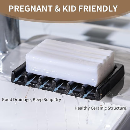 Tanew Self Draining Premium Ceramic Soap Dish, Bar Soap Holder, Waterfall Soap Dish, Shower Soap Holder Sponge Holder Soap Tray Soap Savers for Bathroom, Shower, Kitchen, Sink and Countertop