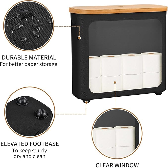 Toilet Paper Storage with Bamboo Lid,Foldable Basket Organizer for Bathroom, Holds 9 Mega/12 Regular Rolls, Waterproof Toilet Paper Holder Storage with Non-Slip Base,Black
