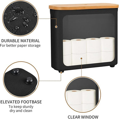 Toilet Paper Storage with Bamboo Lid,Foldable Basket Organizer for Bathroom, Holds 9 Mega/12 Regular Rolls, Waterproof Toilet Paper Holder Storage with Non-Slip Base,Black