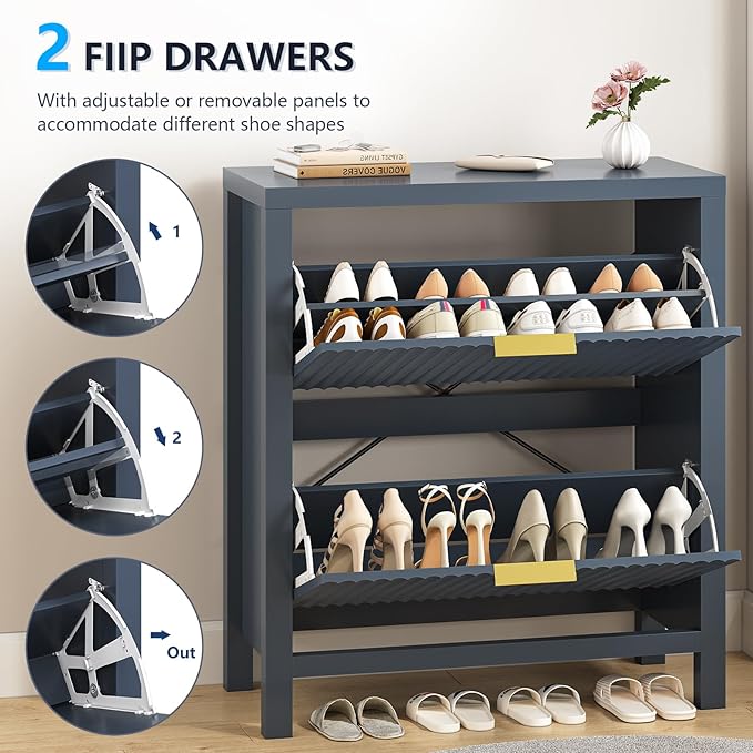 YOMILUVE Shoe Cabinet Storage for Entryway, Fluted Shoe Cabinet with 2 Flip Drawers, Hidden Shoe Rack Tall Freestanding Shoe Organizer with Legs for Hallway, Blue