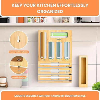 Storage Bag Organizer for Kitchen Drawer, Foil and Plastic Wrap with Cutter, Organizers Compatible Gallon, Quart, Sandwich Snack Size 9 in 1