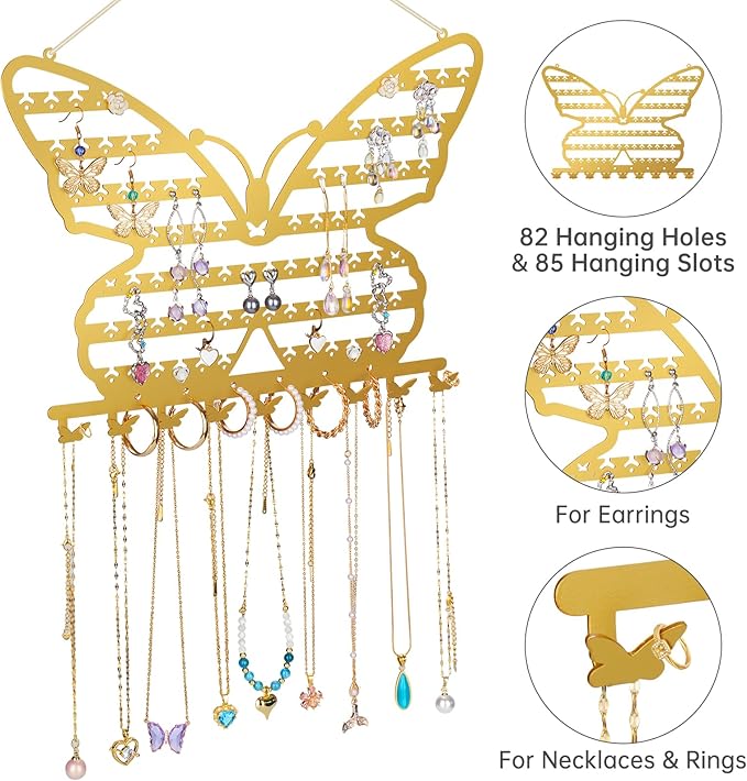 NiHome Butterfly Wall Mounted Jewelry Organizer, Decorative Metal Earring and Necklace Holder for Bedroom, Vanity, or Closet, Stylish Organizer with Easy Hanging for Fashion Lovers (Gold)