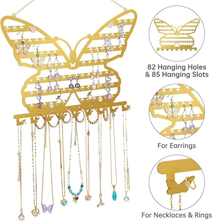 NiHome Butterfly Wall Mounted Jewelry Organizer, Decorative Metal Earring and Necklace Holder for Bedroom, Vanity, or Closet, Stylish Organizer with Easy Hanging for Fashion Lovers (Gold)
