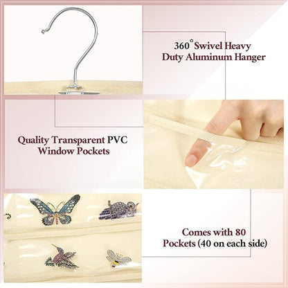 Kenning 4 Pcs Hanging Jewelry Organizer with 80 Pockets Earring Storage Organizer Dual Sided Earring Holder Necklace Hanger Closet for Bracelet, Necklace, Ring, Knitting Tool, Accessories, Beige