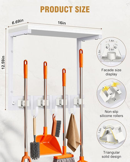 Supforce Small Broom Holder Wall Mount with Cleaning Supplies Organizer, White