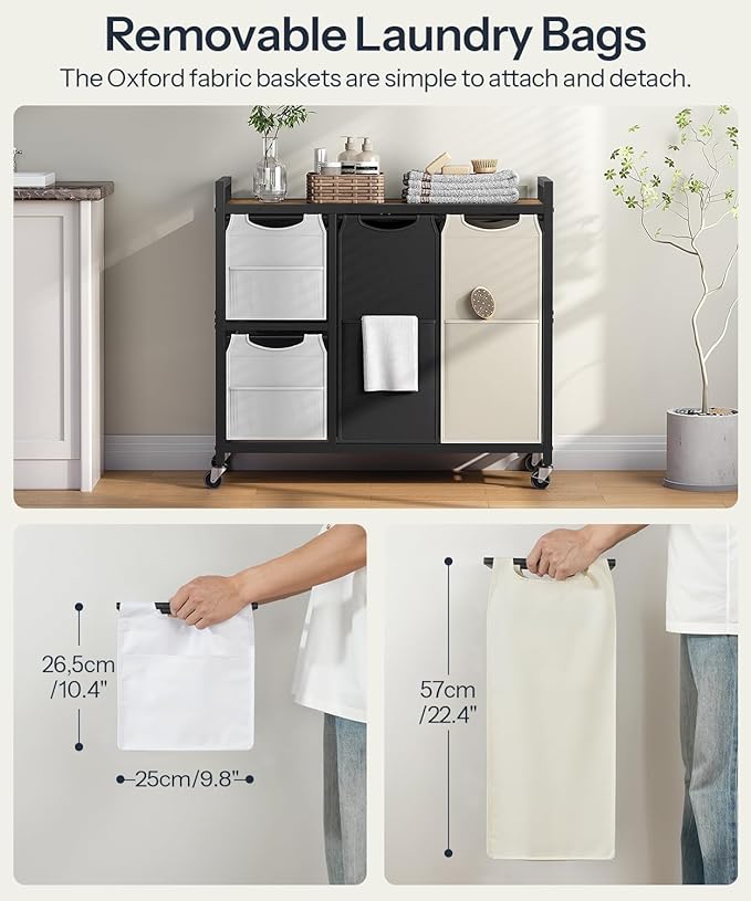 HOOBRO Laundry Sorter with 4 Section, 39 Gal. (147 L) Laundry Hamper with Wheels, Rolling Laundry Basket with Shelf, Pull-Out Detachable Bags, Side Pockets, Rustic Brown, Black and Beige BFE14XY01N1