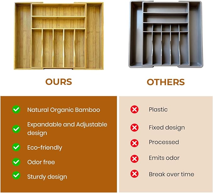 Bamboo Drawer Organizer | Expandable Silverware & Utensil Organizer for Kitchen | Flatware Cutlery Tray with Adjustable Dividers | Wooden Drawer for Knives, Spoons & Forks | Natural Bamboo