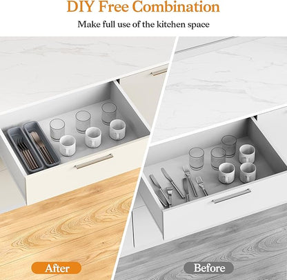 2 Pack Silicone Silverware Organizer, DIY Free Combination Utensil Drawer Organizer, Silverware Drawer Organizer, Flatware Cutlery Tray for Spoons Forks, Anti-slip Design (Grey)