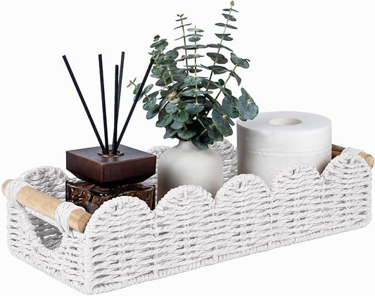 CubesLand Bathroom Basket Organizer w/Cut Out Handle, Back of Toilet Paper Storage Baskets Tray for Bathroom Countertop Decorative, Scalloped Wicker Basket Also for Home Decor, Living Room, White