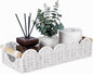 CubesLand Bathroom Basket Organizer w/Cut Out Handle, Back of Toilet Paper Storage Baskets Tray for Bathroom Countertop Decorative, Scalloped Wicker Basket Also for Home Decor, Living Room, White