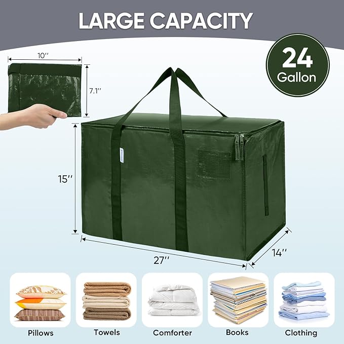 TICONN 6 Pack Extra Large Moving Bags Heavy Duty with Zippers & Carrying Handles, Durable Storage Bags Moving Boxes for Closet Organizers and Storage (6 Pack, Olive)