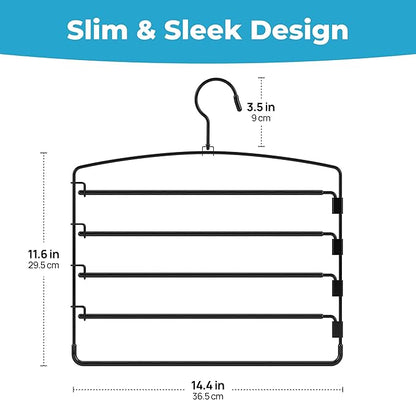 Fontaines Luxury 5 Tier Pants Hangers 4 Pack - Ultra Slim & Space Saving - Heavy Duty Metal Swivel Hook with Swing Arm for Clothing, Jeans, Slacks, Skirts, Leggings & Dress Pant Closet Organization