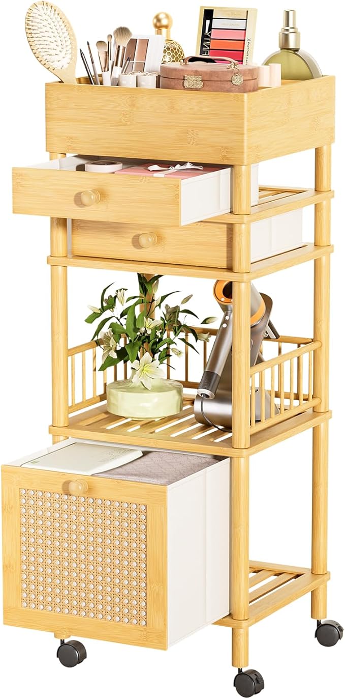 Amazer Bamboo Makeup Organizer Cart with 3 Drawers, Floor Skin Care Storage for Bathroom Bedroom, Rolling Vanity Organizer Cart for Cosmetic, Nail Polish, Perfume and Hair Tools