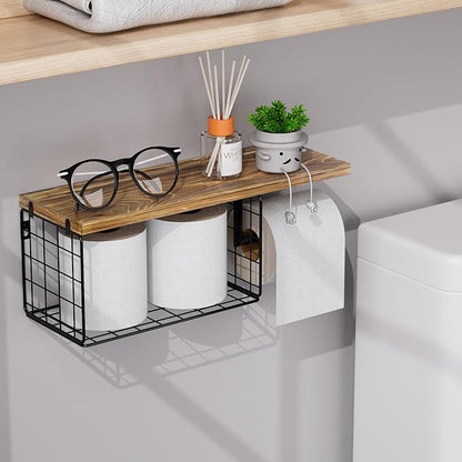 VITVITI Toilet Paper Holder with Shelf, Wall Mounted Toilet Paper Storage Basket, Wood Metal Toilet Roll and Wipes Holder for Bathroom Farmhouse (Brown)