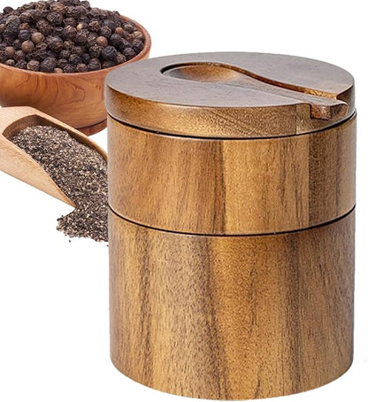 Salt Cellar with Lid | Pepper Container with Magnetic Swivel Lid,2-Layers Wooden Cellar Bowl with Spoon for Storage Pepper Coffee Sugar Pickling Kitchen Countertop Dining Table