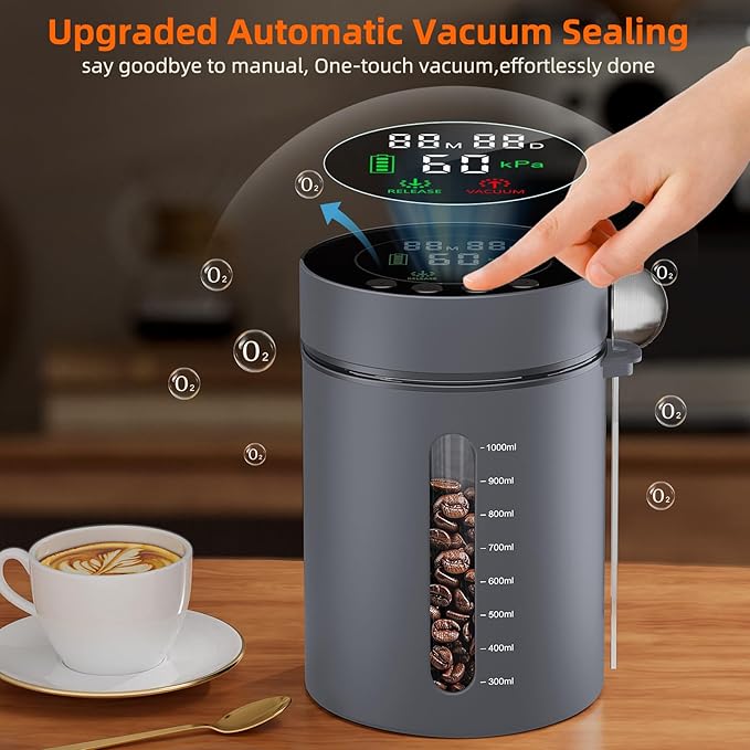 Automatic Vacuum Coffee Canister, 1.3L Airtight Food Storage Containers with Smart Pressure Sensor, Electric Coffee Bean Container Rechargeable with LED Display Window for Home Kitchen Food Storage