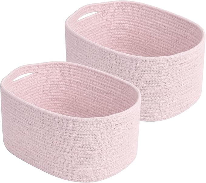 ECDYQXVU Cotton Rope Storage Basket, 15x10x9 Inches, Woven Basket for Shelves, Clothes, Towels, Books, and Laundry, Light Pink (2 Pack)