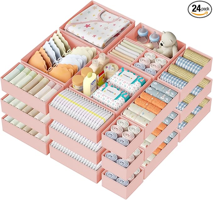 DIMJ Drawer Organizer Clothes 24Pack - Foldable Baby Organizers and Storage & Dresser Organizer for Bedroom, Closet - Nursery Organization Dresser Dividers for underwear, Sock,Bra, Belt, Tie, Pink