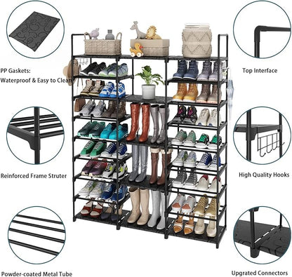 Caitlyn 9 Tier Large Shoe Rack Organizer, Holds 50-55 Pair Shoe Boots, Metal Shoe Shelf Storage Organizer, with Side Hooks Shoe Tower for Entryway Garage Living Room
