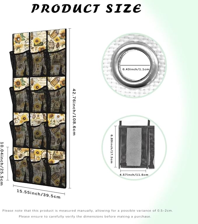 Sunflower Bee Over The Door Hanging Shoe Organizer,Door Back Organizer,Pantry Organizers and Storage,Stable Spice Rack with 12 Mesh Large Pockets for Kitchen,Bathroom