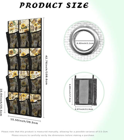 Sunflower Bee Over The Door Hanging Shoe Organizer,Door Back Organizer,Pantry Organizers and Storage,Stable Spice Rack with 12 Mesh Large Pockets for Kitchen,Bathroom