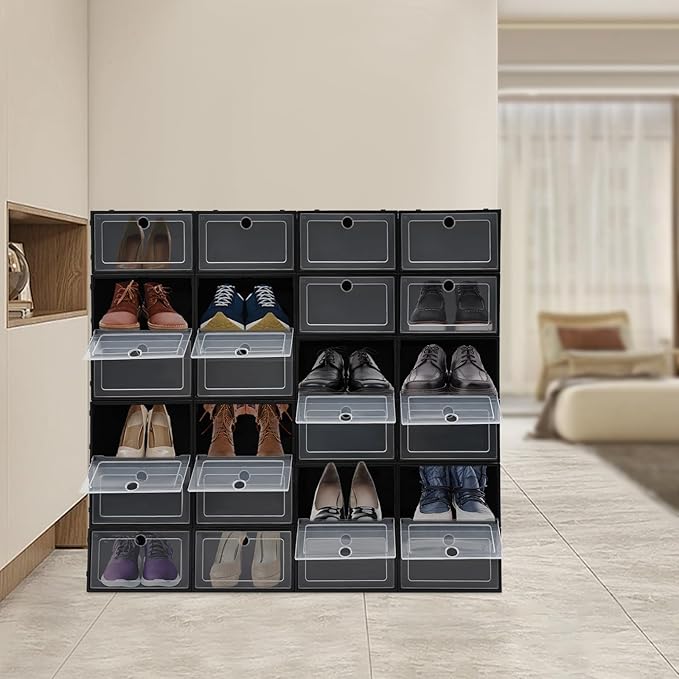 24 Pack Shoe Boxes, Plastic Shoe Organizer Foldable Shoes Storage Box Stackable Shoes Storage Organizer Transparent Organize Shelves with Lid for Storing Sneakers Flats Slippers