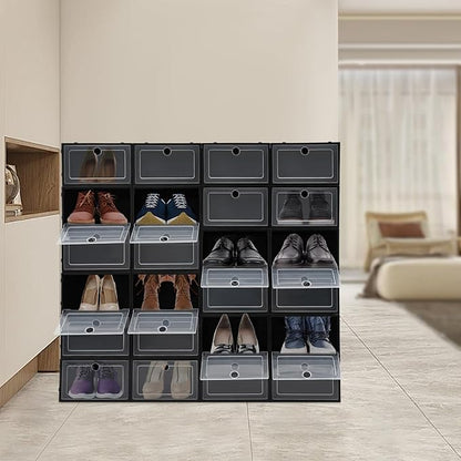 24 Pack Shoe Boxes, Plastic Shoe Organizer Foldable Shoes Storage Box Stackable Shoes Storage Organizer Transparent Organize Shelves with Lid for Storing Sneakers Flats Slippers