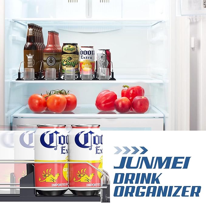 Drink Organizer for Fridge,12oz 16oz 20oz - Soda Can Dispenser for Refrigerator,Width Adjustable,Automatic Pusher Glide (Black, 15" D 5ROW, Holds 25 Cans)