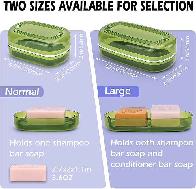 AIDIMMING Large Shampoo & Conditioner Bar Holder, Clear Soap Case with Lid and Drain Tray for Kitsch Bars, Duke Cannon 10 oz Soap, Handmade Soap,for Bathroom, Shower, Gym, Camping, Travel (Max, Green)