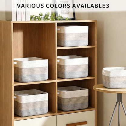 4 Pack Storage Baskets for Organizing, 12''Lx9''Wx8''H Woven Baskets for Storage Toys, Towels, Books, and Clothes, Cotton Rope Basket for Shelves with Handle White & Brown