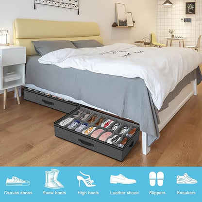 Under Bed Shoe Storage Organizer for Closet, 24 Pairs Sturdy Underbed Shoe Storage Boxes Bins Container Foldable Shoes Storage with Reinforced Handles & Clear Window for College Dorms Grey, Set of 2