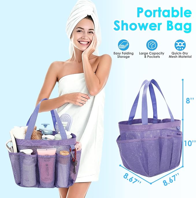 Fammart Mesh Shower Caddy Portable for College Dorm Room Essentials, Odorless Polyester Large Shower Tote Bag with Dual Handles, 8-Pocket Quick-Dry Toiletry Organizer for Travel, Beach, Camping, Gym
