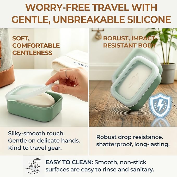 AIMAIMAIMAI Compact Leakproof Travel Soap Case, Silicone Travel Soap Bar Container, Portable Soap Box with Drainage Layer for Camping, Gym (Light Green)