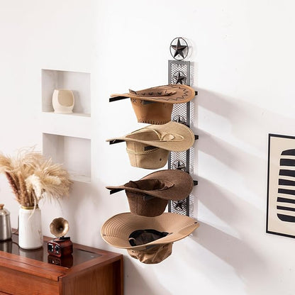 Cowboy Hat Rack for Wall, Metal Star Cowboy Hat Holder for 4 Hats, Vertical Western Hat Rack Wall Mount, Rustic Wall Hanging Decorative Hat Hanger with Hook