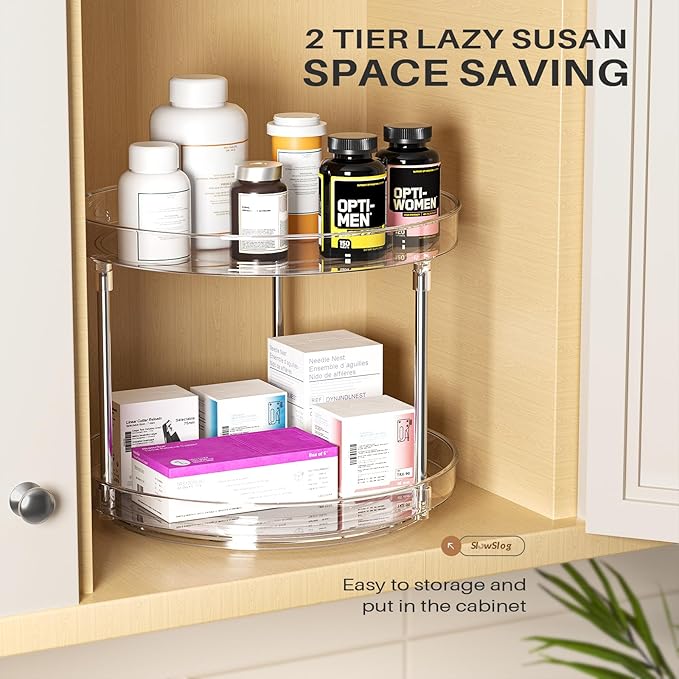 2 Pack 2 Tier Lazy Susan Turntable Organizer, Clear Rotating Lazy Susan, Spice Rack for Cabinet, Makeup and Perfume Organizer for Vanity, Counter Organizer Tray for Kitchen, Bathroom