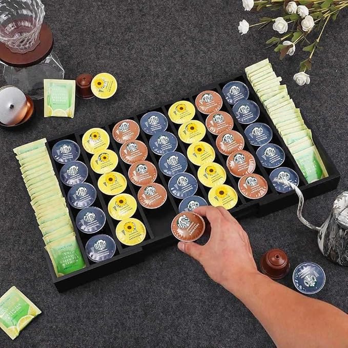 K Cup Holder Bamboo Coffee Pod Holder Drawer Organizer, Expandable K Cup Pod Storage Tea Bag Storage for Coffee Station Home Office and Kitchen （Black)