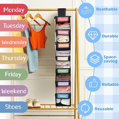 2 Pack 7 Shelf Weekly Clothes Organizer Hanging Closet for Kids with Side Pockets Weekday Shoes Rack Weekly Clothes Organizers Monday Through Weekend Foldable Storage Shelves(Black)