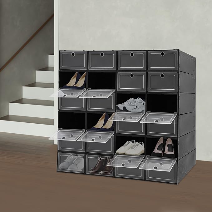 24 Pack Stackable Shoe Boxes with Clear Lids - Foldable Shoe Storage Organizer for Closet Cabinet, Color Options for Sneakers Flats Home Organization (Black)