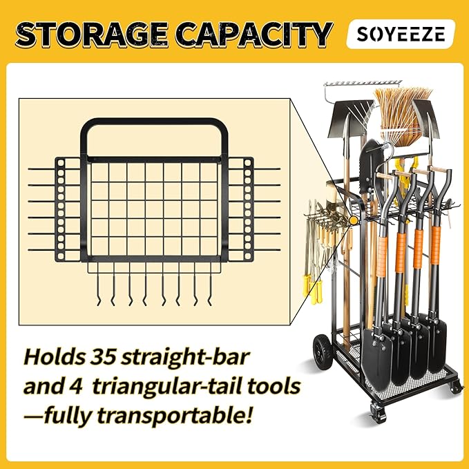 SOYEEZE Garden Tool Organizer with Large Wheels, Heavy Duty 3-Tier Yard Tower Tool Rack for Garage, Holds Up to 35 Long-Handled Tools, Garden Tool Cart with 12 Hooks for Tool Organization Storage