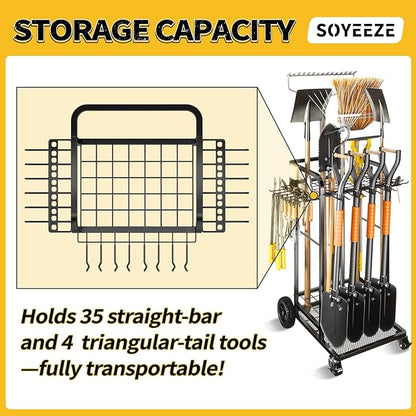 SOYEEZE Garden Tool Organizer with Large Wheels, Heavy Duty 3-Tier Yard Tower Tool Rack for Garage, Holds Up to 35 Long-Handled Tools, Garden Tool Cart with 12 Hooks for Tool Organization Storage